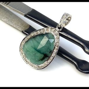 Genuine Emerald Diamond Silver Pendant